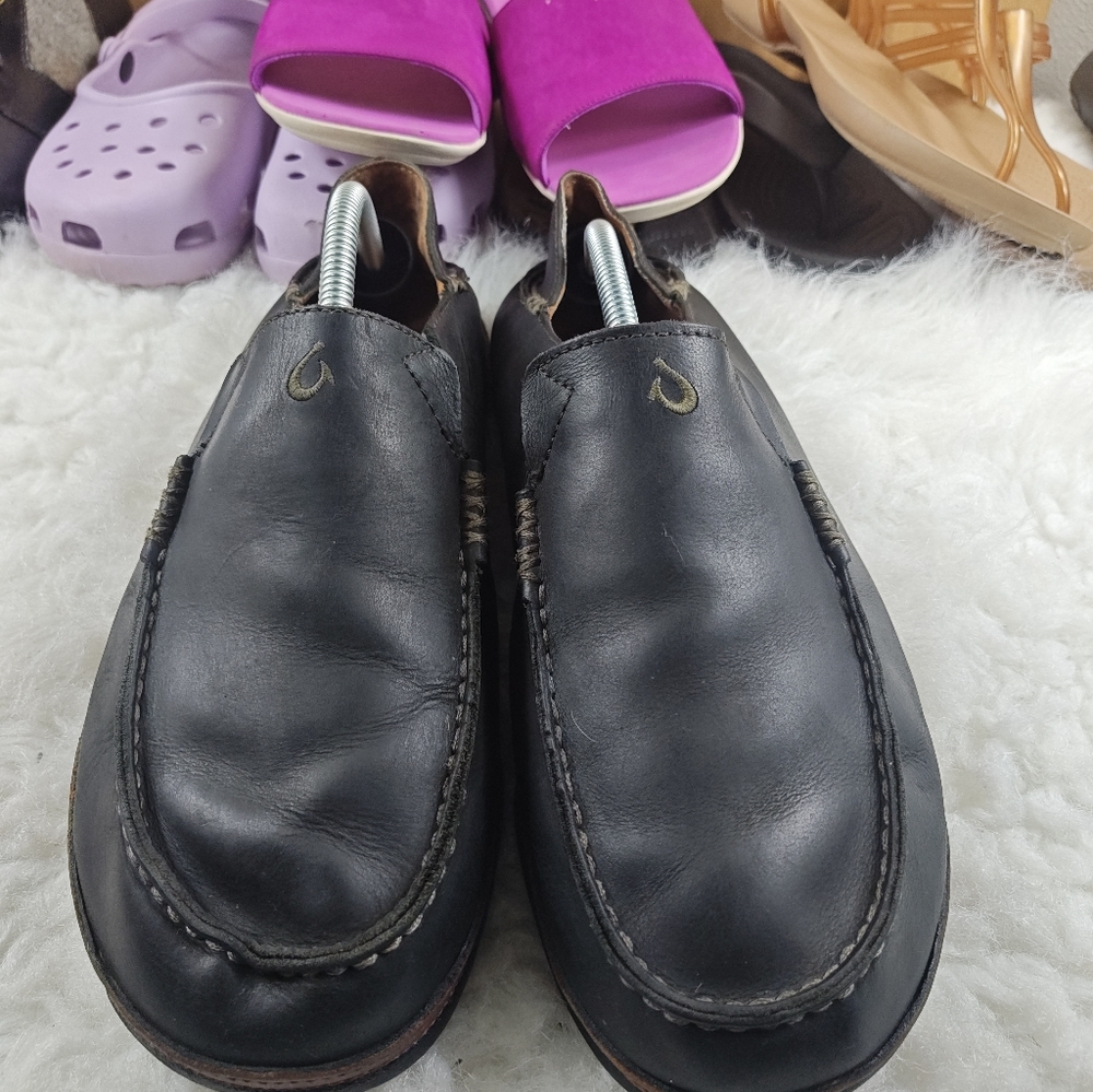 Olukai Moloa Men's Size 10.5 Black Leather Slip-On Loafer Shoes